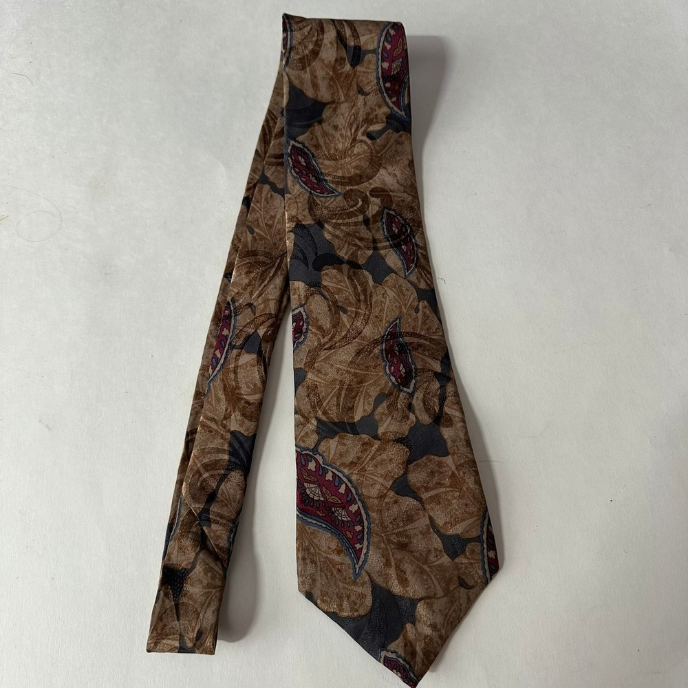 Oscar de la Renta Silk Tie Brown Tan Paisley Botanical Made in USA Vintage Mens